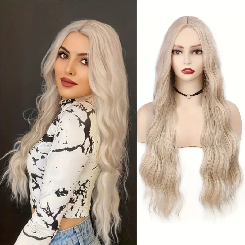 

European and American new wave wig women's long curly hair blond medium water ripple chemical fiber full head cover