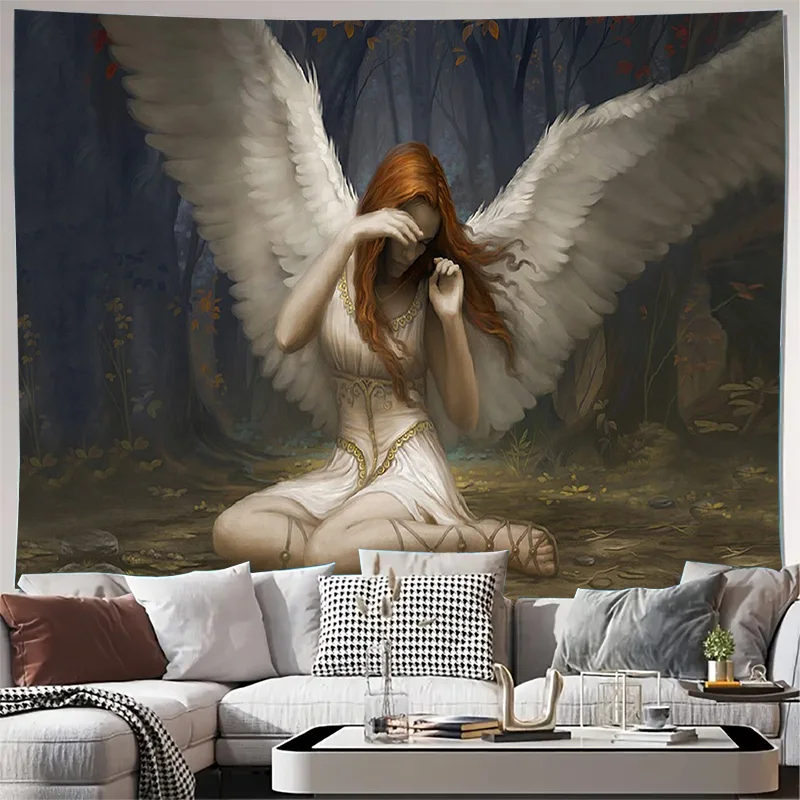 Sad Angel with White Wings in Forest Wall Tapestry Machine Washable All Season Decor Print Home Enhance spatial aesthetics