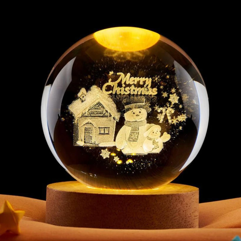 Christmas Crystal 3D Laser Inner Carving Ball Night Light Sphere Xmas Deer Santa Engraved Glowing Niche Gift Home Decoration
