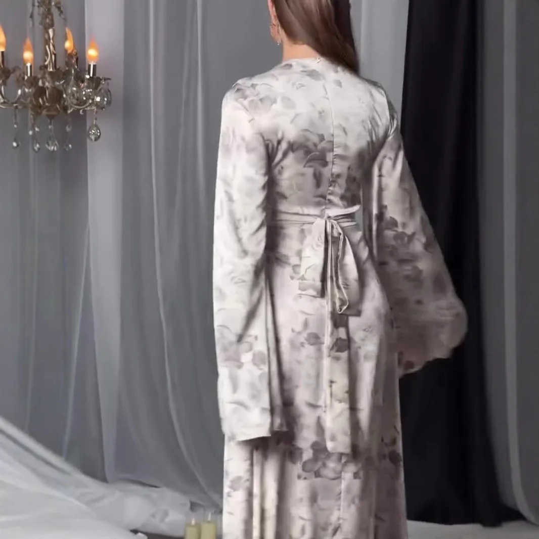 Luz de luxo mangas largas em torno do pescoço elegante moda criativa impresso design vestidos elegante vestido de baile senhora magro ajuste vestido