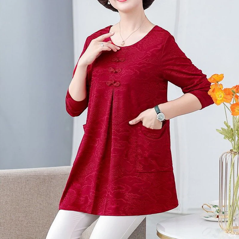 Middle Aged Women Chinese Style 3D Textured Vintage Elegant T Shirt Spring Autumn Fashion O Neck Long Sleeve Pullover Tunic Tops