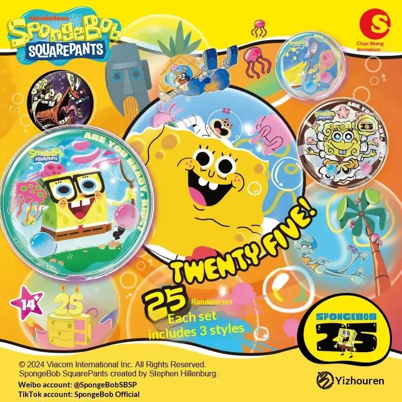 Genuine Trendy Sound Spongebob Squarepants 25th Anniversary Diy Acrylic Shake Badge Set Handmade Round Brooch Collectible Decor