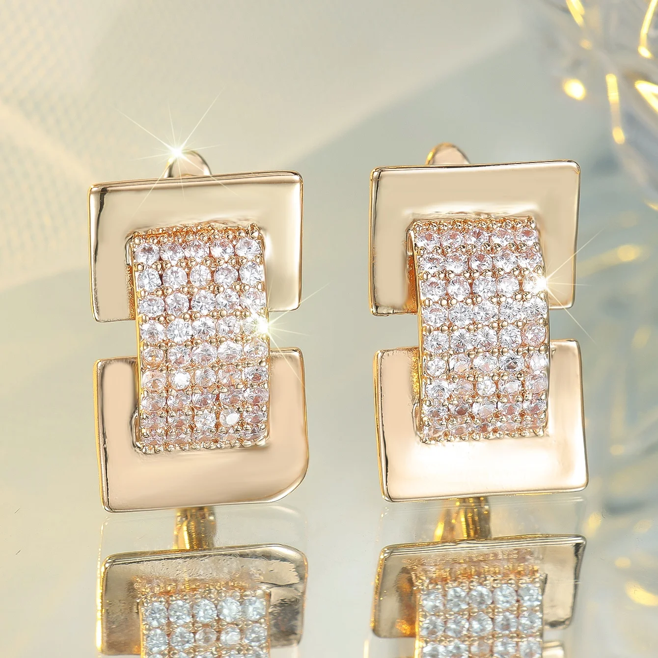 White Zircon Stone Rectangle Hoop Earrings Luxury Female Gold Color Wedding Jewelry For Women