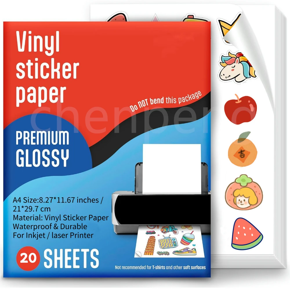 20 arkuszy papieru do naklejek winylowych A4 Błyszczący biały wodoodporny papier samoprzylepny przezroczysty papier do drukowania do drukarek atramentowych
