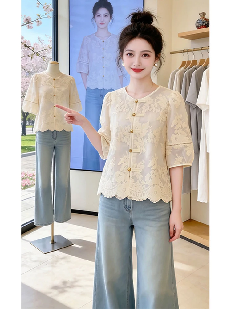 

New Chinese Style Embroidered Shirt Women's Heavy Work Lace Button Seven Sleeve Casual Breathable Comfortable round Neck Top