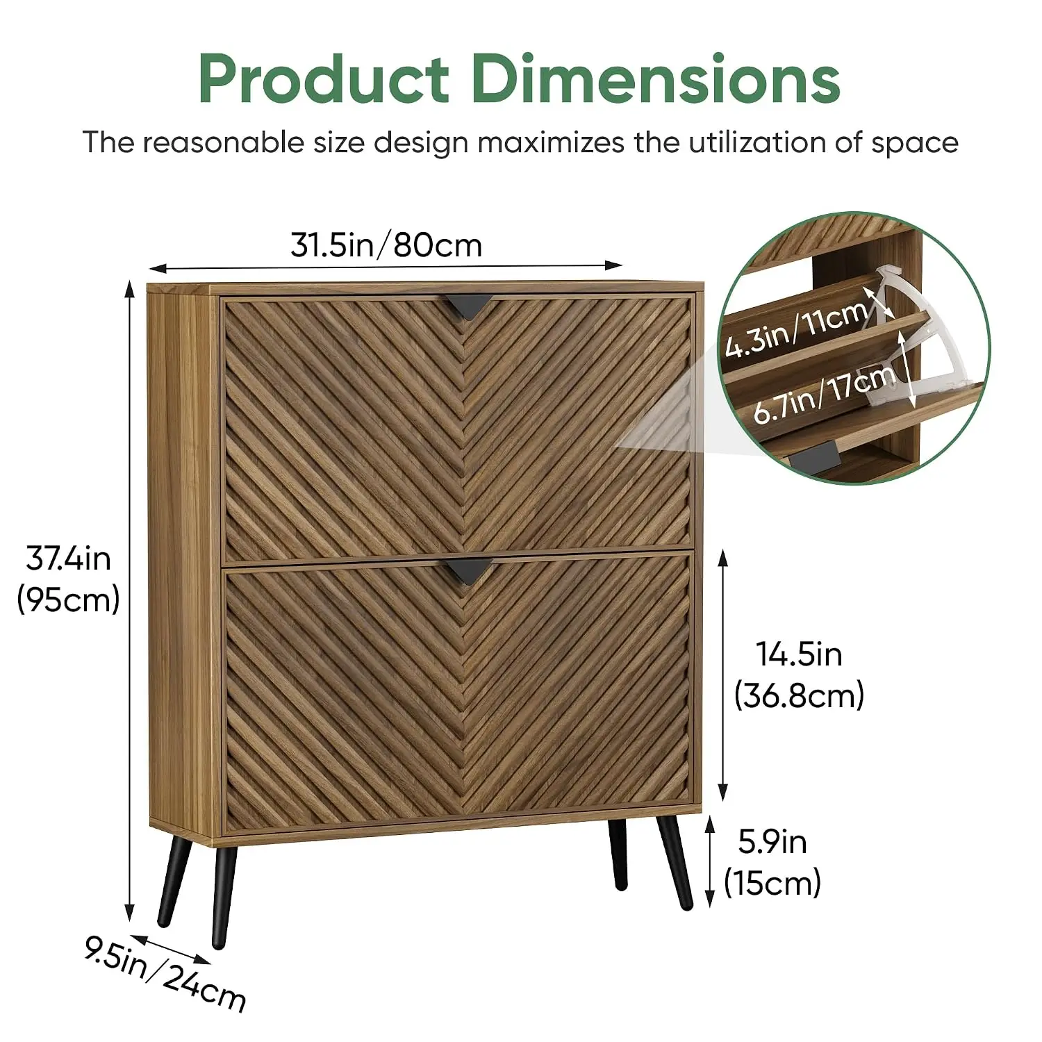 Shoe Cabinet Diamond Pattern 2 Flip Drawers, Narrow Entryway Storage with Black Handles, Slim Walnut Rack, Customized