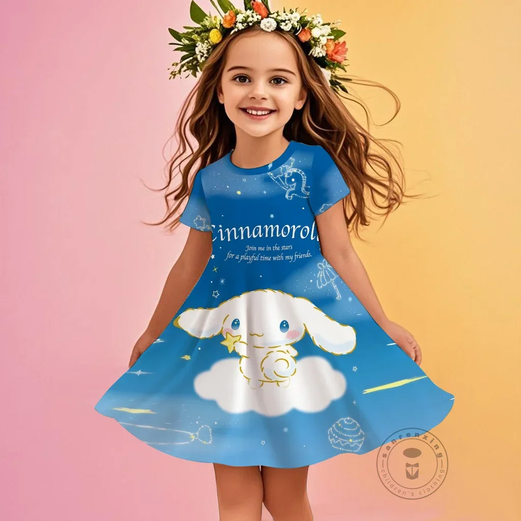 

Платье Sanrio для девочек, детская летняя одежда Cinnamoroll, юбка с 3D принтом, оригинальная одежда, юбка с короткими рукавами