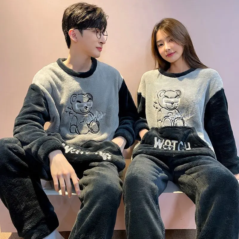 2025 Winter Couple Long Sleeve Thick Warm Flannel Pajama Sets For Men Cute Cartoon Sleepwear Pyjama Women Homewear Home Clothes