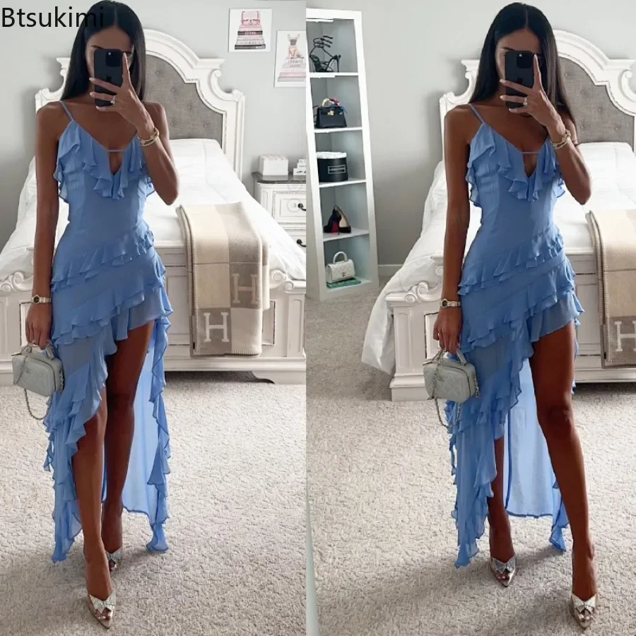 2025 Women's Summer Sexy Ruffles Spaghetti Strap Maxi Dress V Neck Sleeveless Irregular Hem Elegant Beach Party Vestidos Femme