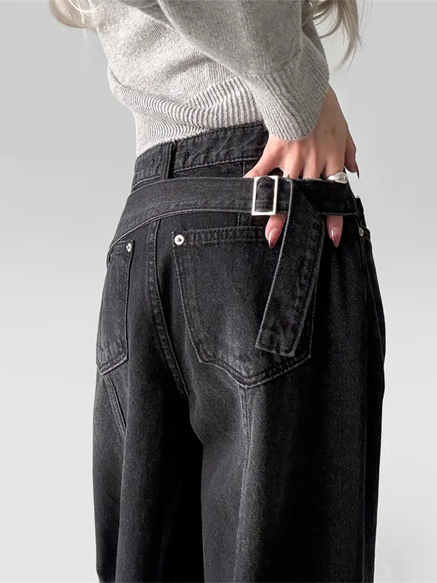 

Casual Loose Wide Leg Jeans Belt High Waist Cotton Denim Non-Stretch Asymmetric Long Pants for Women Spring Design Metal Buckle