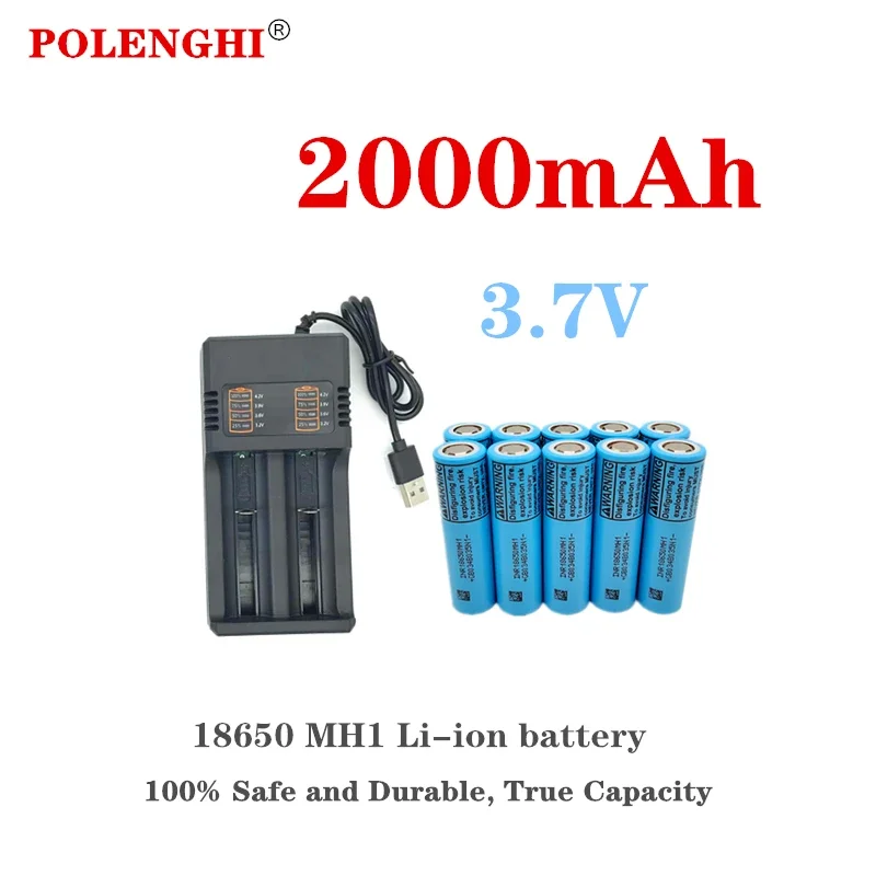 100% true capacity 3.7V 18650 MH1 2000mAh electric tool flashlight, lithium rechargeable multi-functional battery with charger