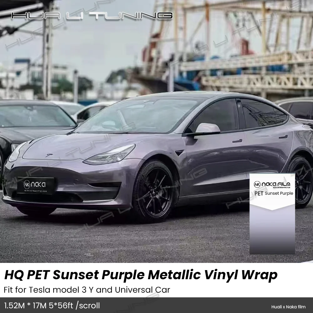 

Sunset Purple Metallic Vinyl Wrap For Tesla Model 3 Y etc. LowTack Glue 1.52*17M/Roll 5x56ft Air Bubble Free HQ PET Auto Film