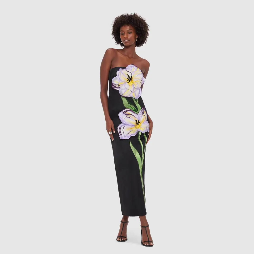 

Elegant Vintage Embroidered Strapless Long Dress Waist Cinched High Waist A-Line Skirt Summer Season Women's Fashion Citywalk