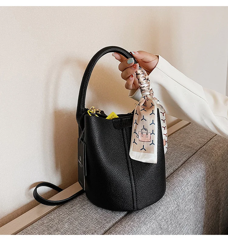 Korean Style The Bucket Bag Designer Ribbon PU Leather Female Tote Bag Large Capacity One Shoulder Crossbody Bags For Women