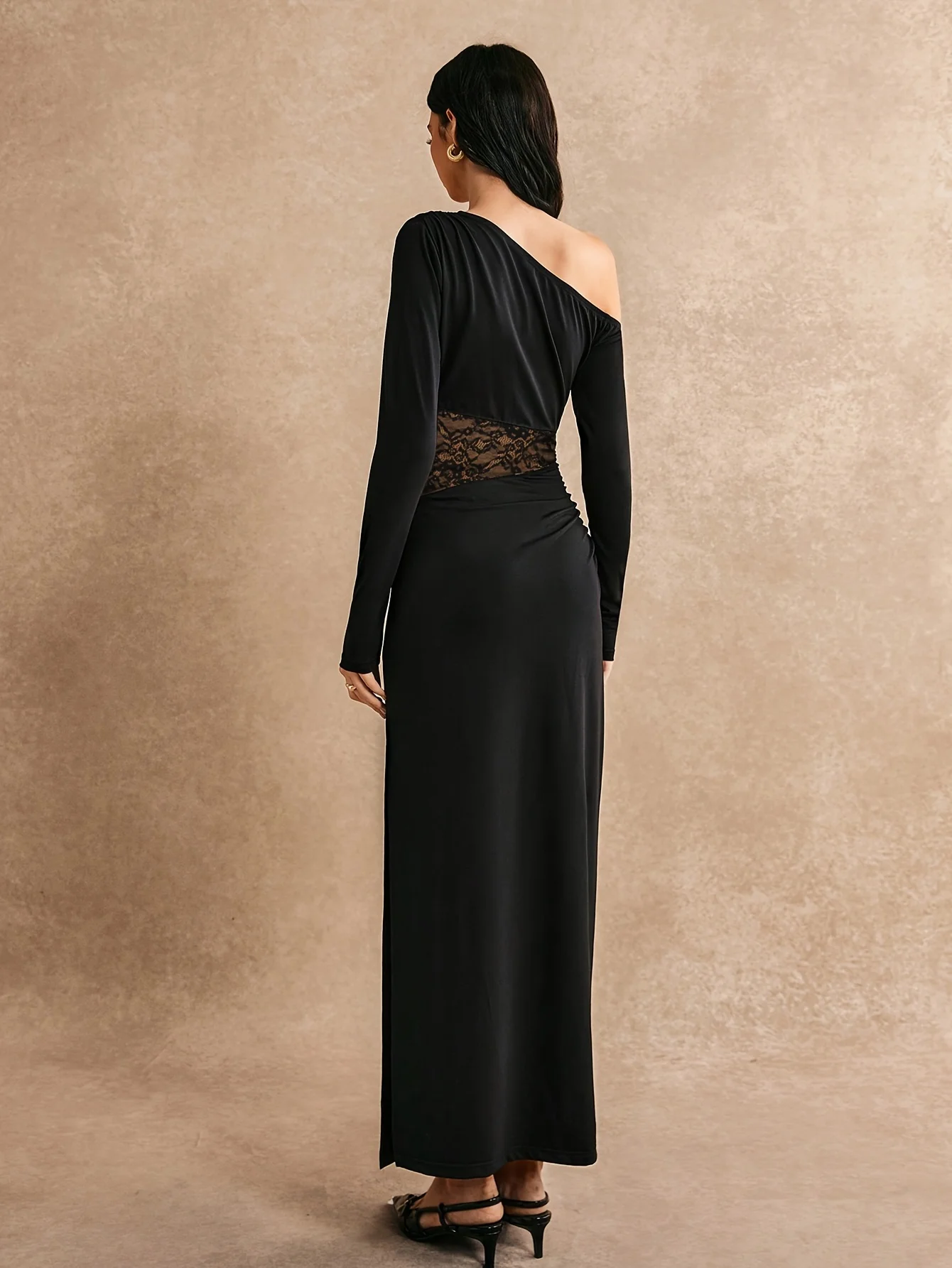 فساتين للنساء جديد كم طويل انحراف طوق شق المرأة فستان سليم الأسود الدانتيل فستان طويل المرأة Vestidos De Verano Mujer Q1893