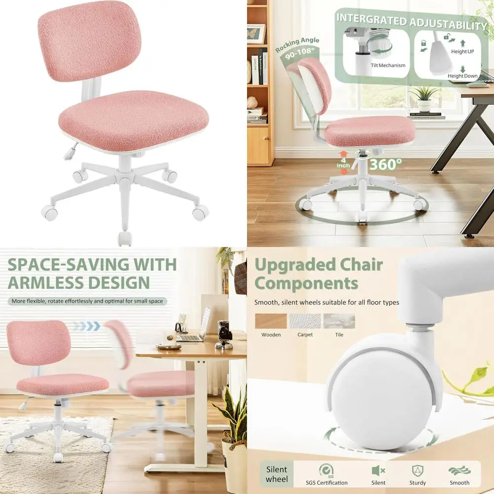 

Wheeled Office Chair without Arms, Pink Vanity Chair with Lumbar Support, Adjustable Height for Makeup Desks and Small Spaces