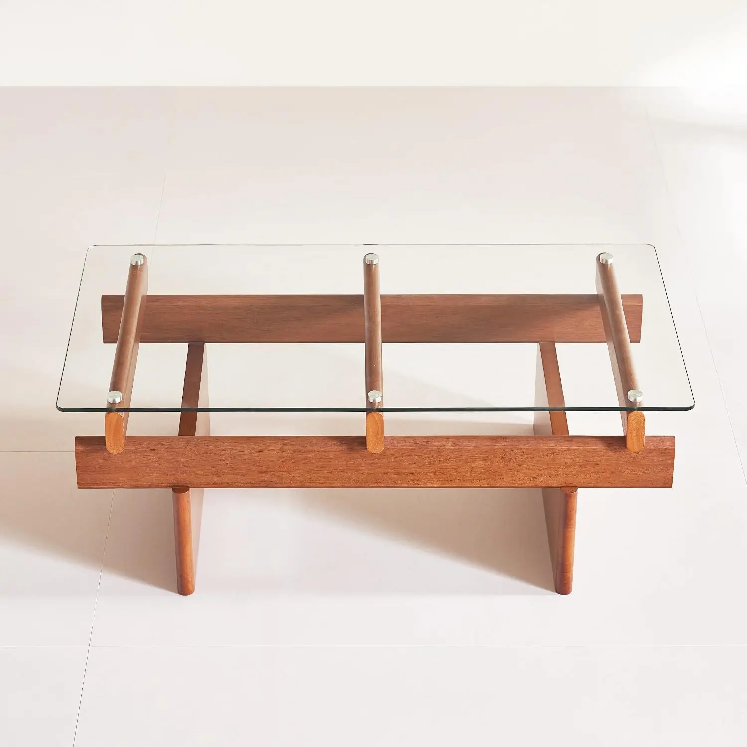 โต๊ะกาแฟกระจกสำหรับห้องนั่งเล่น, โต๊ะกาแฟไม้เนื้อแข็ง 100% พร้อมท็อปกระจกนิรภัยทรงสี่เหลี่ยม, โต๊ะกาแฟสไตล์โมเดิร์นกลางศตวรรษ