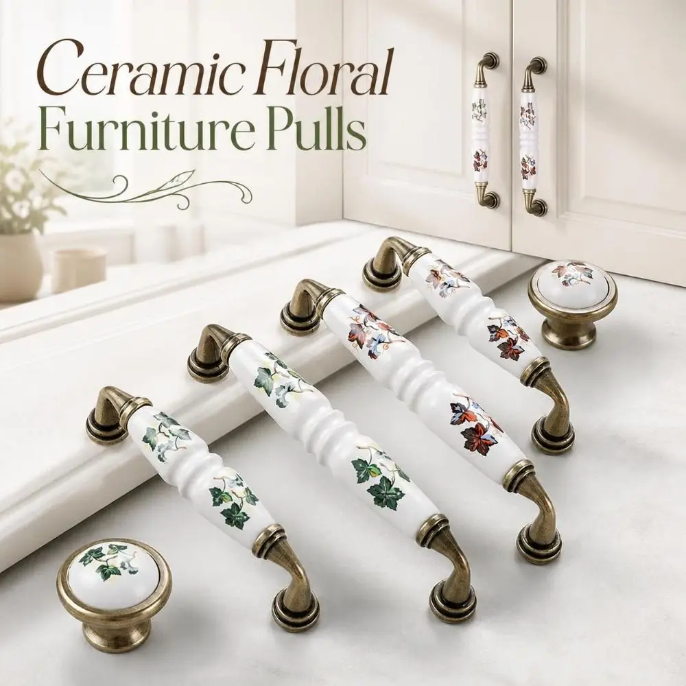 1PC Zinc Alloy Ceramic Cabinet Pulls Retro Floral Pattern Vintage Drawer Handles Bronze Color Elegant Furniture Knobs Wardrobe