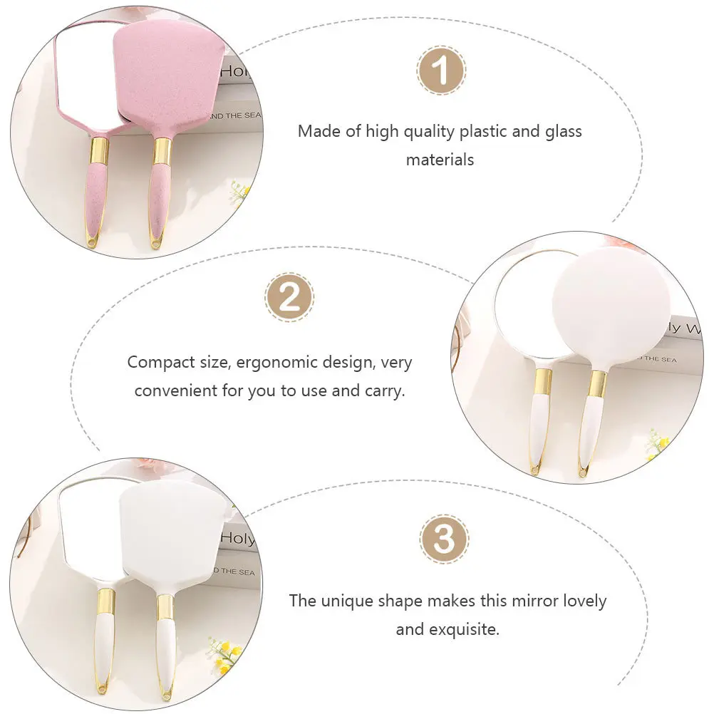 

2Pcs Handheld Makeup Mirror Portable Durable Plastic Glass Compact Square Round Shape High Definition
