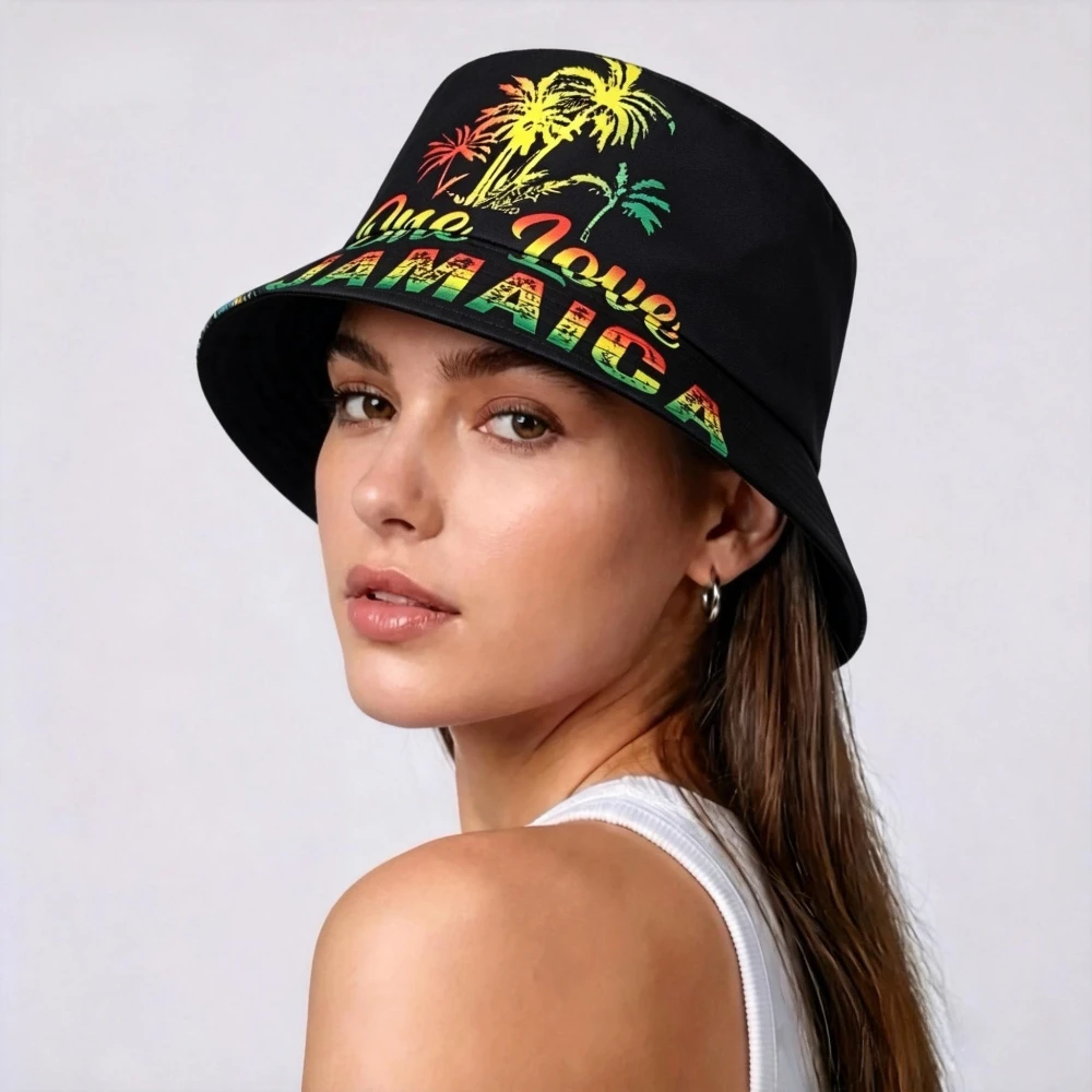 JANAICA One Love Print Bucket Hat Unisex Travel Decorate Panama Women Men Summer Outdoor Sunscreen Fisherman Hats Rasta Reggae