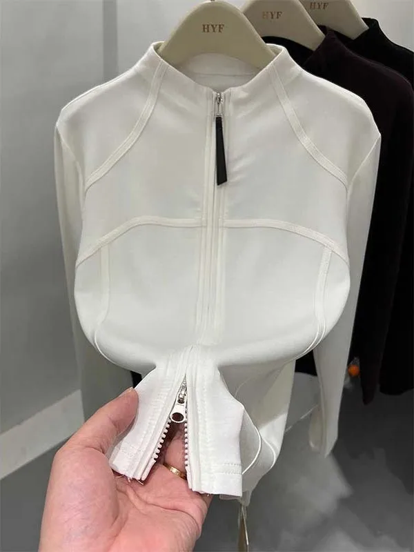 เสื้อยืดคอสูงซิปคู่ แขนยาว สำหรับผู้หญิง ใส่เป็นเสื้อตัวในหรือตัวนอก ผ้าเนื้อนุ่มใส่สบาย