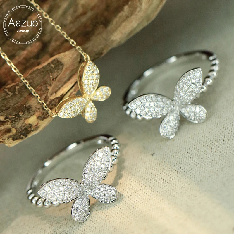 

Aazuo Real 18K Solid Gold Diamond Butterfly Ring Necklace Set for Women And Girls - Elegant Jewelry Combo for Special Occasions