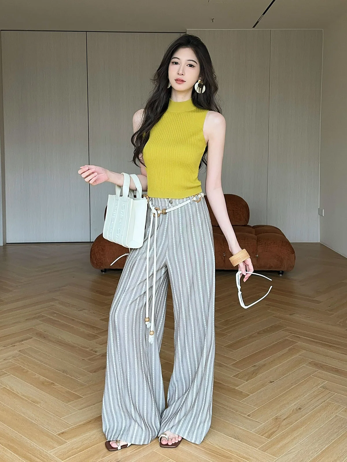 

Slimming Summer Faionable Casual Pants Drapey Stripe High Waist Loose Straight Leg Floor-Length Pure Color Commuting Trousers
