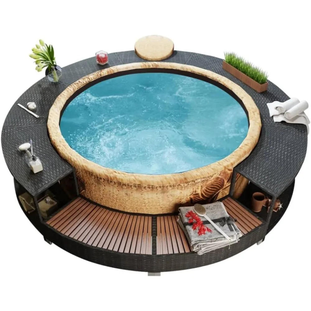 Inflatable Hot Tub Spa Step and Surround Desk,Black Poly Rattan,Outdoor Round Massage Hot Tub Frame for Garden, Backyard