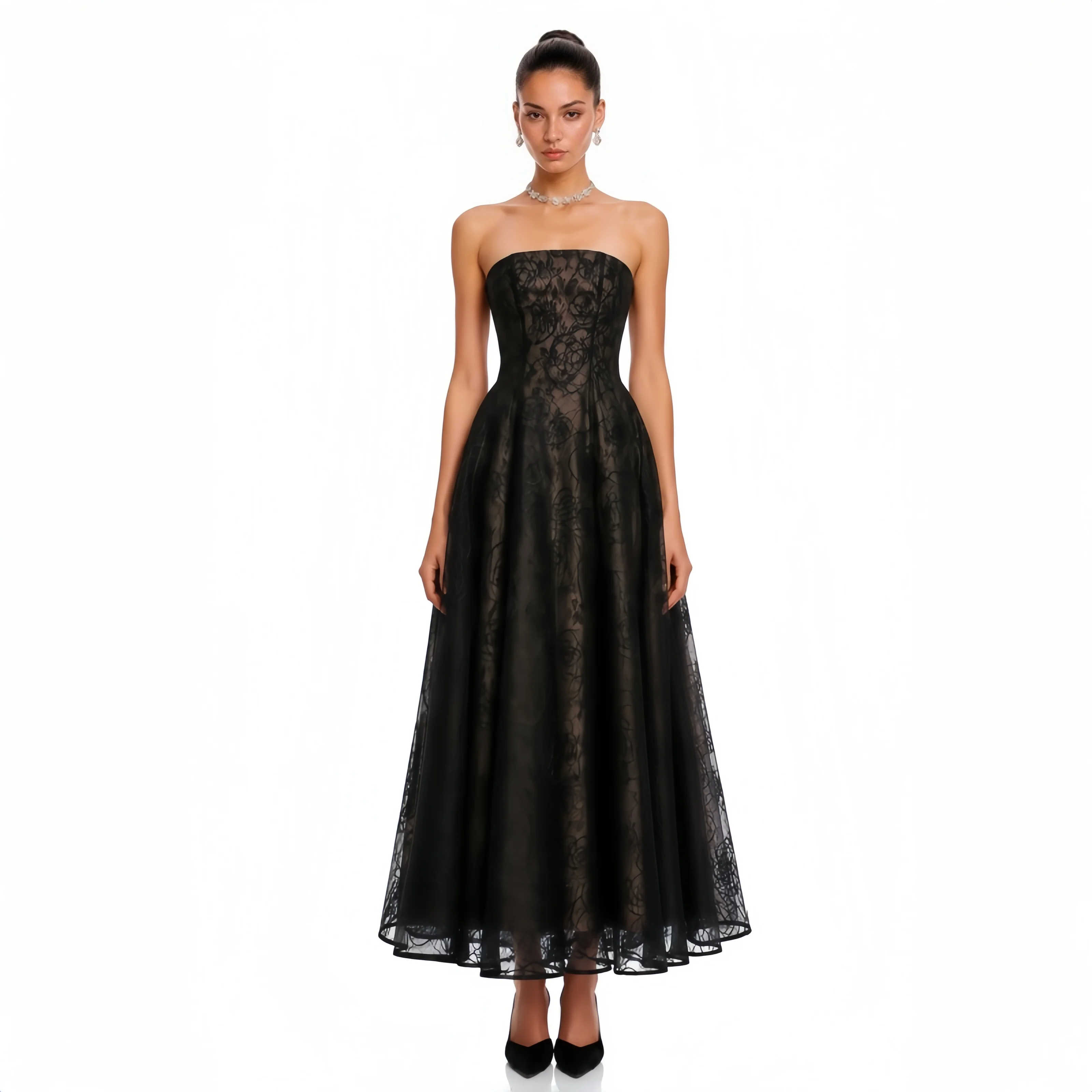 Black Lace Prom Gown Strapless A Line Danceing Show Elegance Evening Dresses Formal Black Dress Party Dress Customized