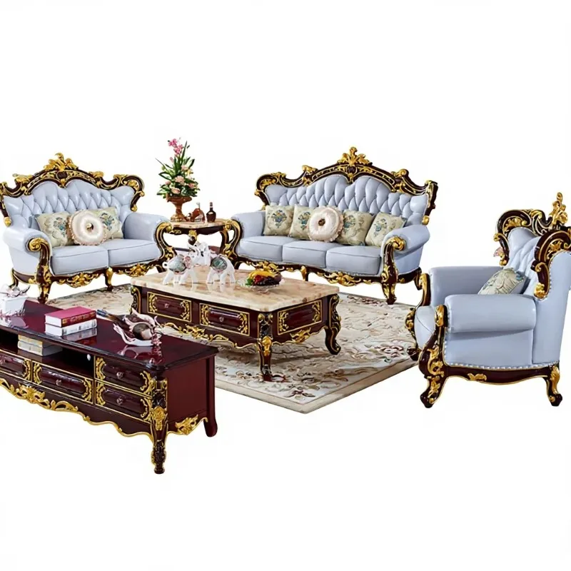 European-style Villa Leather Sofa Solid Wood Carved Design Living Room Furniture 1+2+3 Sectional Set Vintage Home Furniture