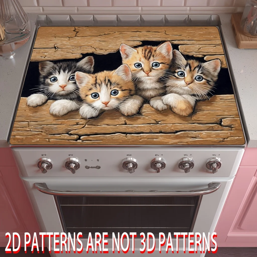 Rustic Broken Wood Four Kittens Stove Mat,Lifelike Pet Printed Heat-resistant Non-slip Pad for Daily Home Kitchen Gas & Electric