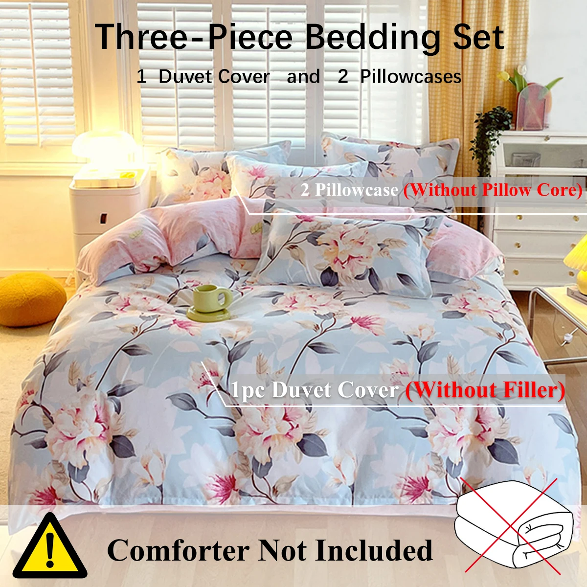 3PCS Floral Print Bedding Set Soft Microfiber Duvet Cover Breathable Light Blue Peony Bed Linens For Bedroom Guest Room