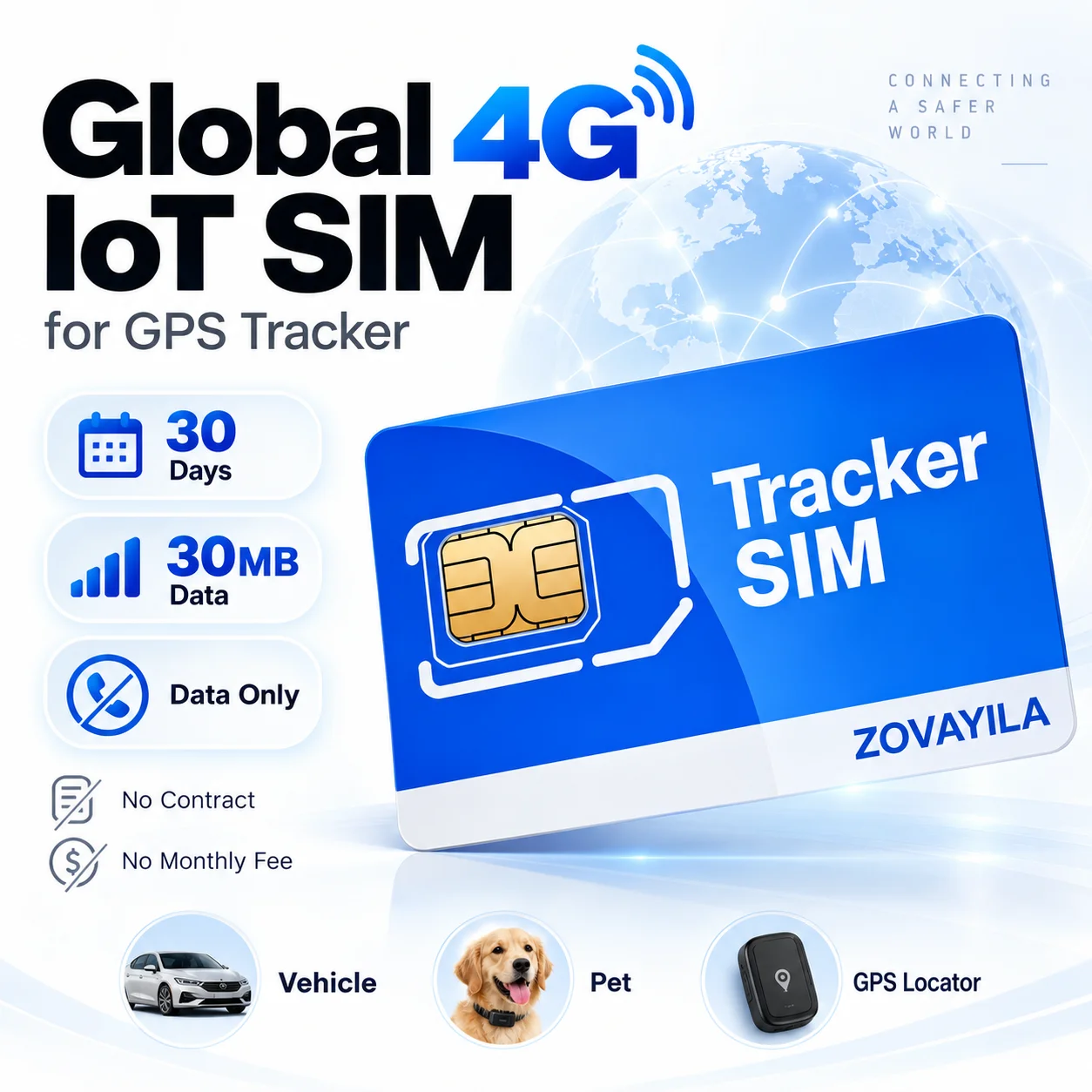 Global 4G IoT SIM Card for GPS Tracker Data Only SIM M2M SIM Card 30 Days Renewable Mobile Data  for Vehicle Pet Asset  ZOVAGOLO