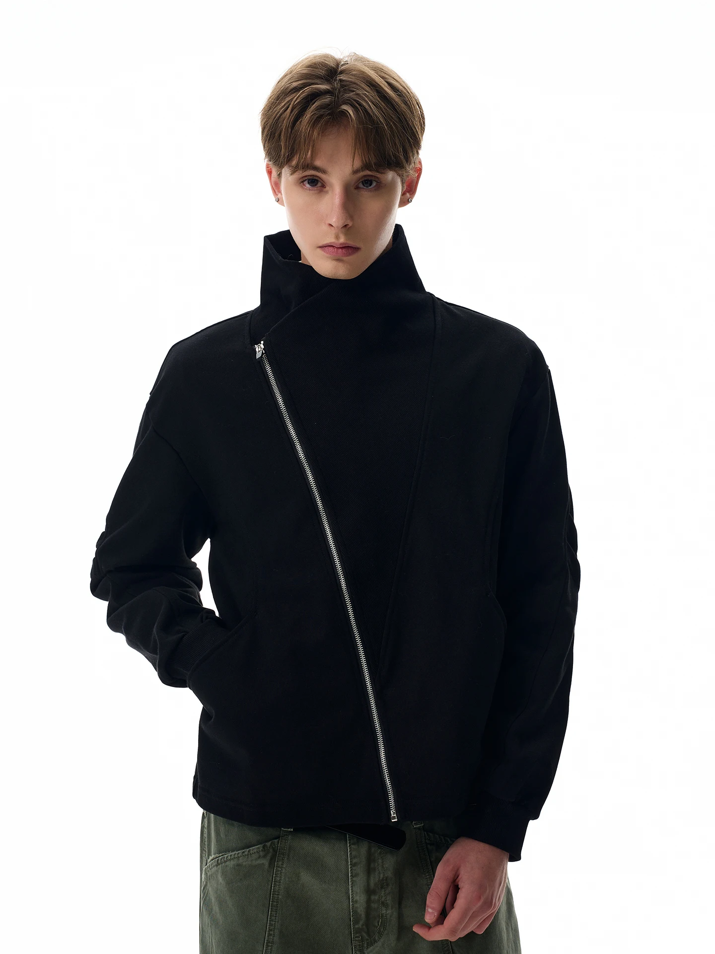

American Style Cleanfit Deconstructed Zipper Hoodie Jacket Short Fit Collar Unisex Casual Wear All Seasons Zipper Sweatshirt