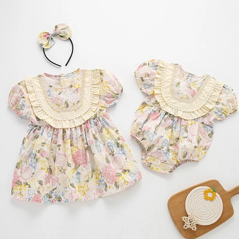 2024 New Summer Baby Girl Party Dress Short Sleeved Cotton Flower Print Kids Princess Dresses Baby Romper Sister Clothing