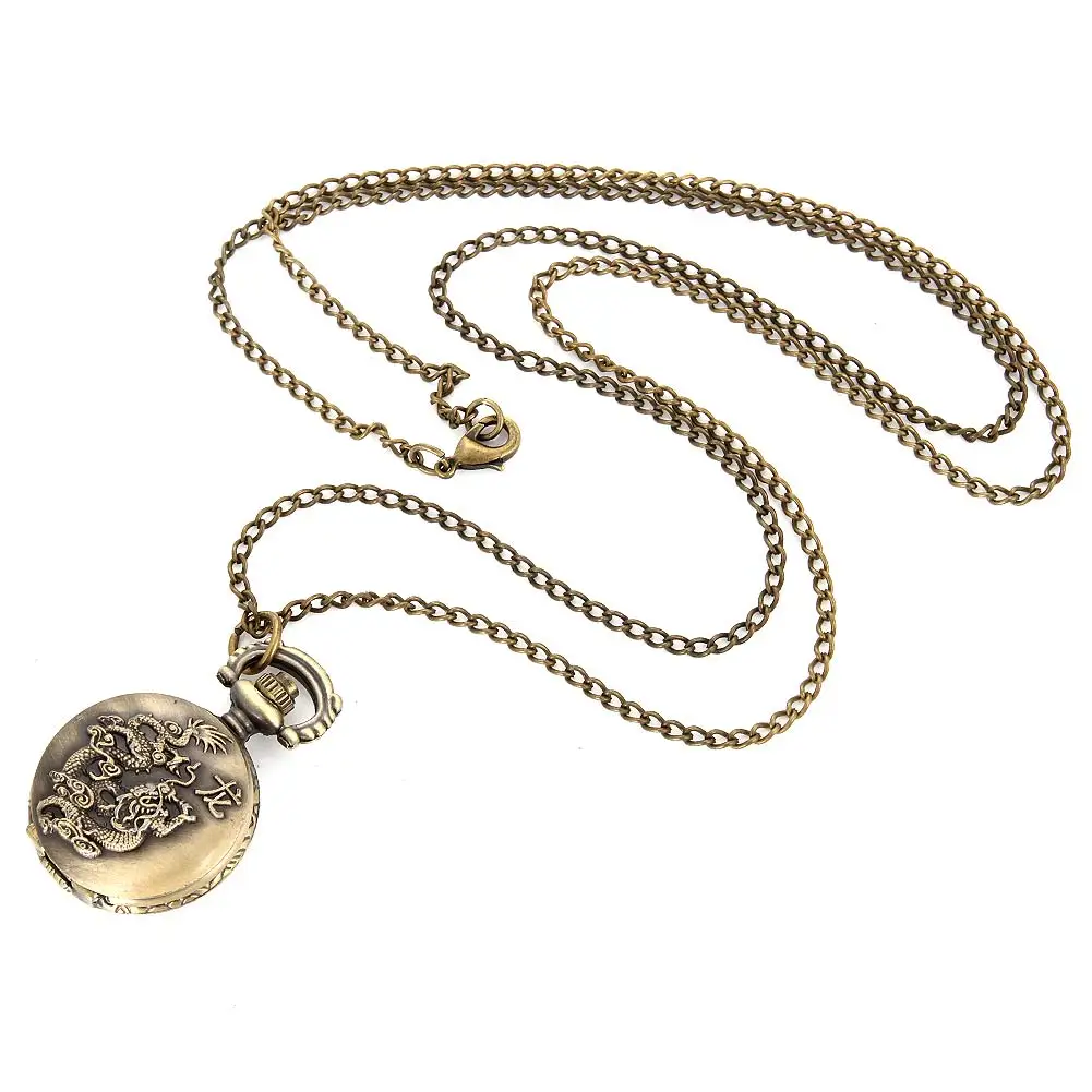 Fashion Unisex Vintage Quartz Pocket Watch Alloy Flying Dragon Necklace Pendant Men Women Sweater Chain Clock Gifts LL@17