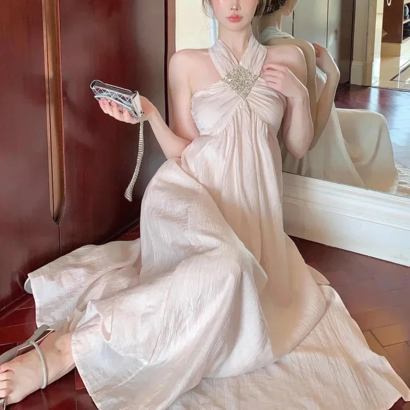 

Sexy Off Shoulder Diamond Studded Halter Dress Women Chic Vintage Korean Fashion Summer Pink Sleeveless Beach Vacation Sundress