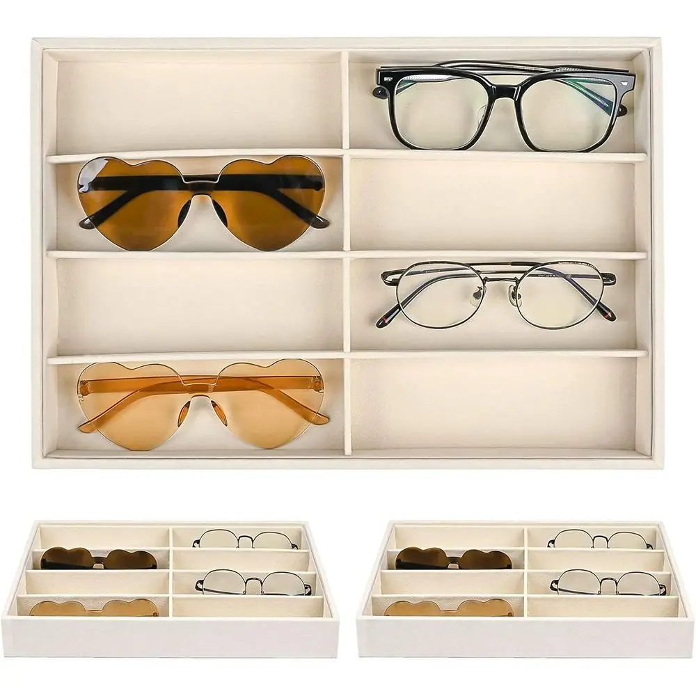 

Beige Grey Sunglass Organizer Velvet Removable Eyeglass Display Tray Stackable Internal Dividers Glasses Holder for Men Women