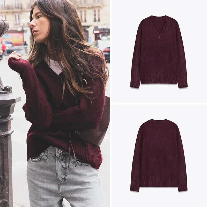 Morbido maglione lavorato a maglia V-Ne lungo Sve vestibilità ampia semplice Sle donna autunno nuovo arrivo Faion Casual Top a tubo dritto