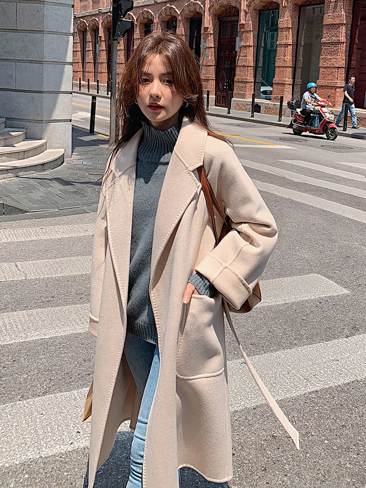 معاطف صوف من WHTREND للنساء على الطراز الكوري بجيب كبير وحزام صوف متوسط الطول معطف شتوي دافئ ملابس فاخرة WH1626 #6