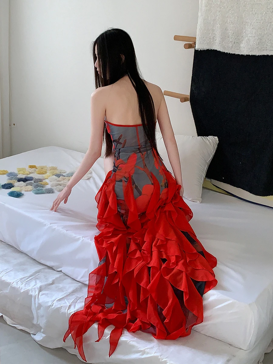 ReddaChic 女性花柄メッシュレッド袍ドレスオフショルダー背中の開いたカットアウトフリルスリットチャイナウエディングパーティー夏服