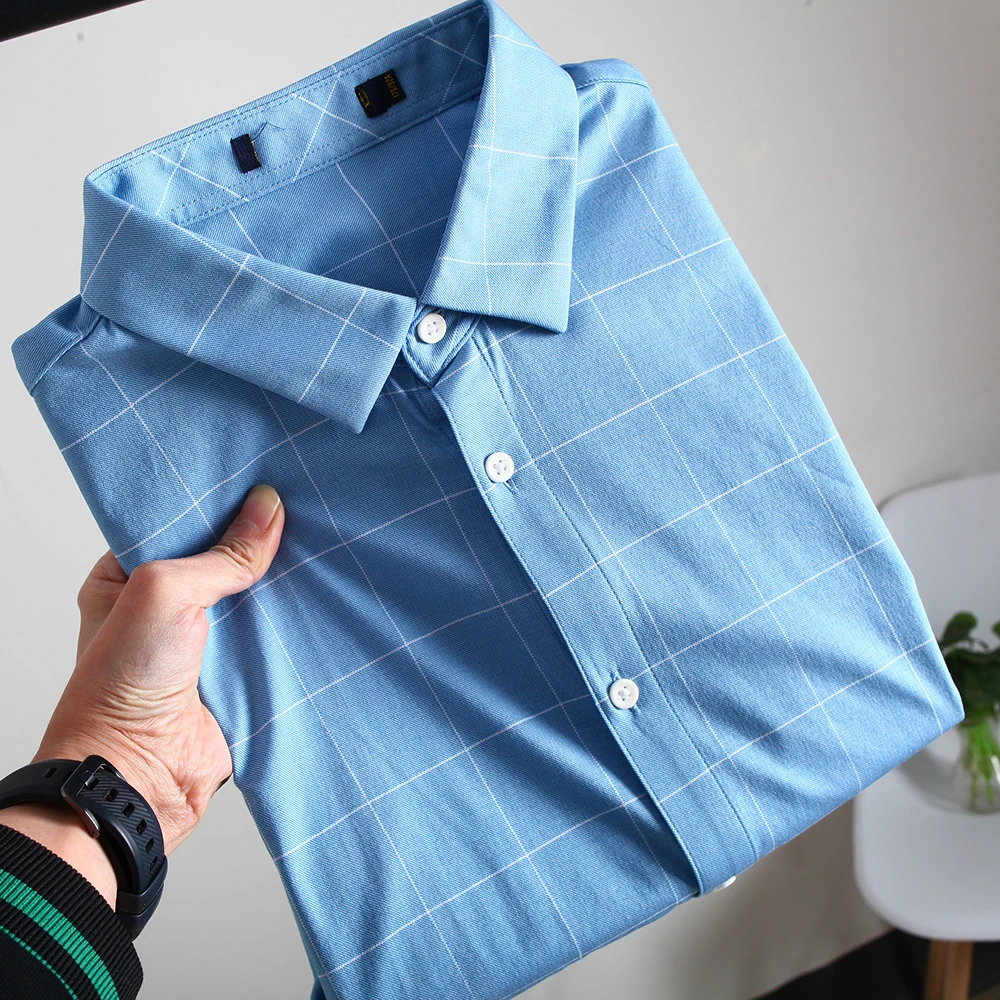 

00% Silk Cotton Smooth Breathable Men's Spring Summer Plaid ort Sve irt Busin Casual Faion Urban Sle