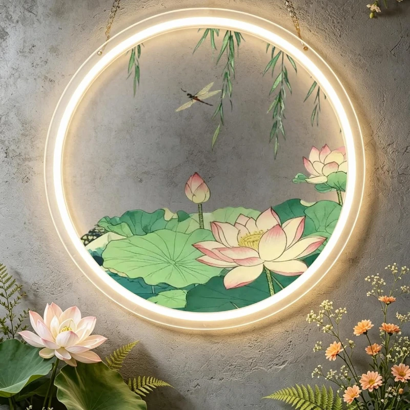 Chinese Style Lotus Dragonfly Round LED Neon Sign USB Neon Light for Wedding Party Home Teahouse Bedroom Decor Christmas Gift