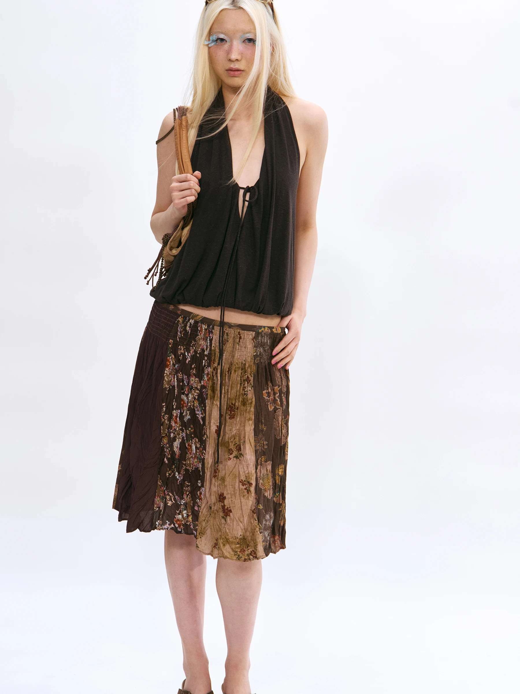 VERMO Handmade Pleated Texture Retro A-Line Patchwork Skirt Women's Low Waist Gauze Nylon Cotton Blend Summer Skirt