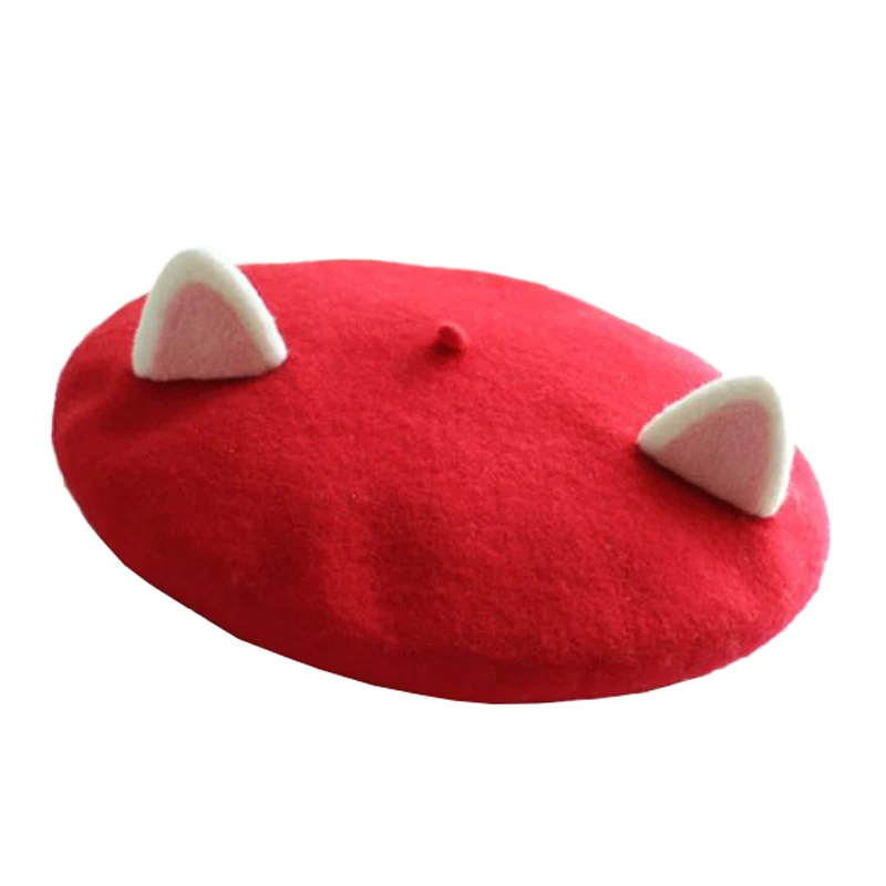 Women Painter Hat Handmade Wool Cat Ears Creativity Cute Autumn Winter Hat Costume Wool Felt Cartoon Funny Beret