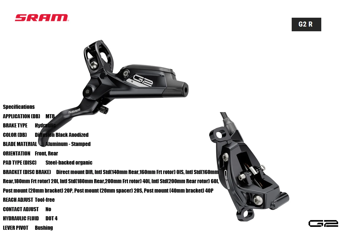 

Гидравлический тормоз SRAM G2 R из алюминия — штампованные энергетические органические колодки, дарят вершины на ощупь и укусы