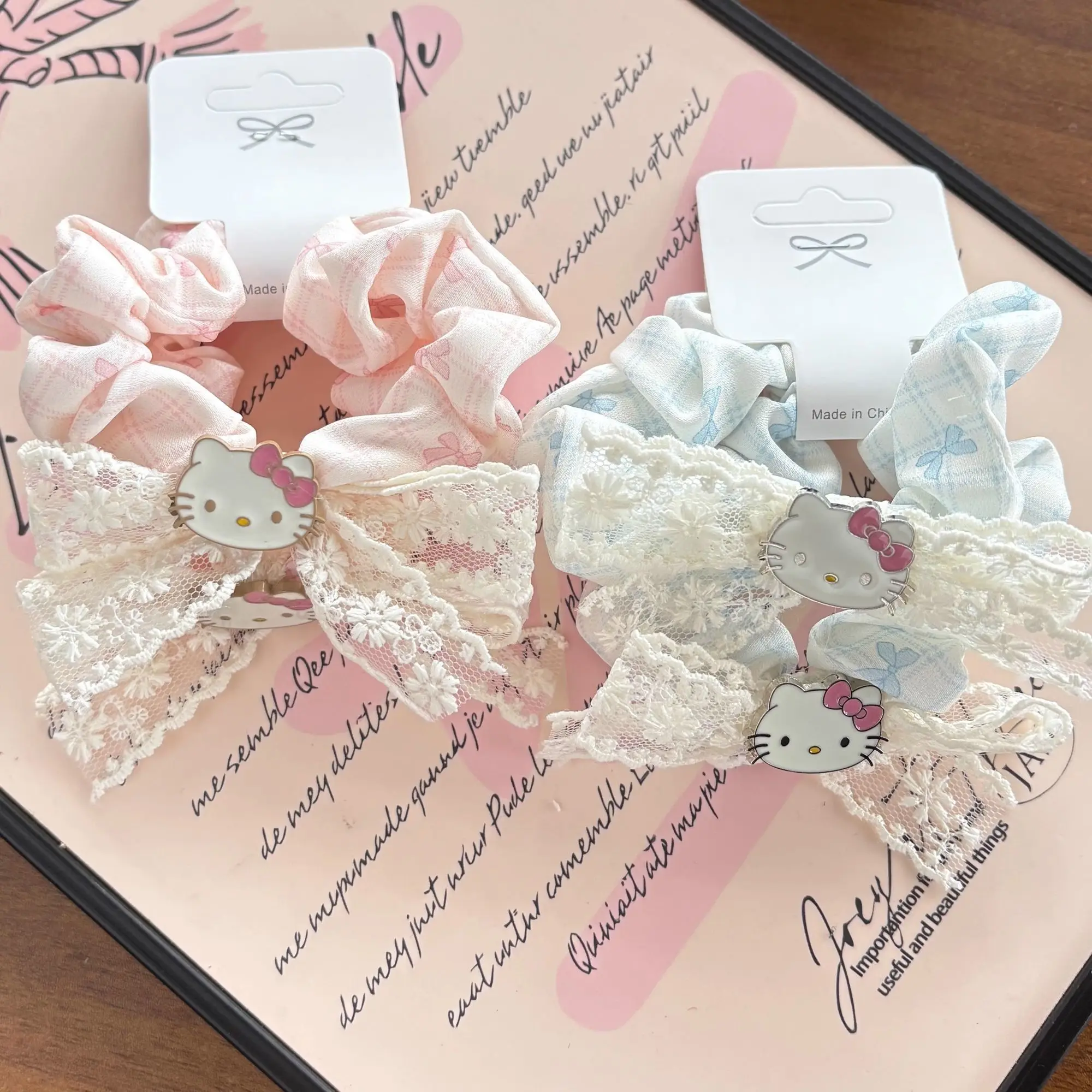 

New Hello Kt Hair Tie with Lace Bow Japanese Sweet Kawaii Scrunchies for Girls Cute Thick Hair Elastic for Ponytail Daily Use