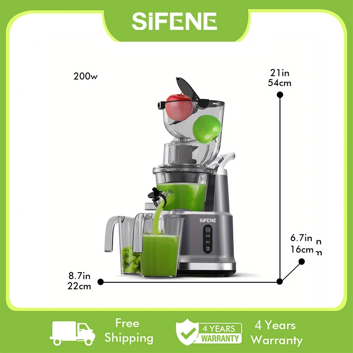 SiFENE Cold Press Juicer Machine - Easy Juicing Whole Fruits & Veggies, Slow Masticating Technology, High Yield, BPA-Free, Grey