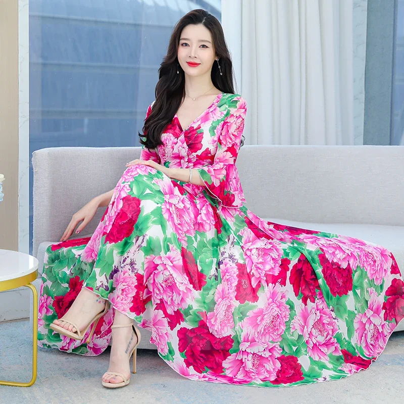 

New Women Ruffle Sleeves Boho Vibrant Colours Dress 2023 Summer Birthday Maxi Floral Vacation Party Vestidos Chinese Sundress