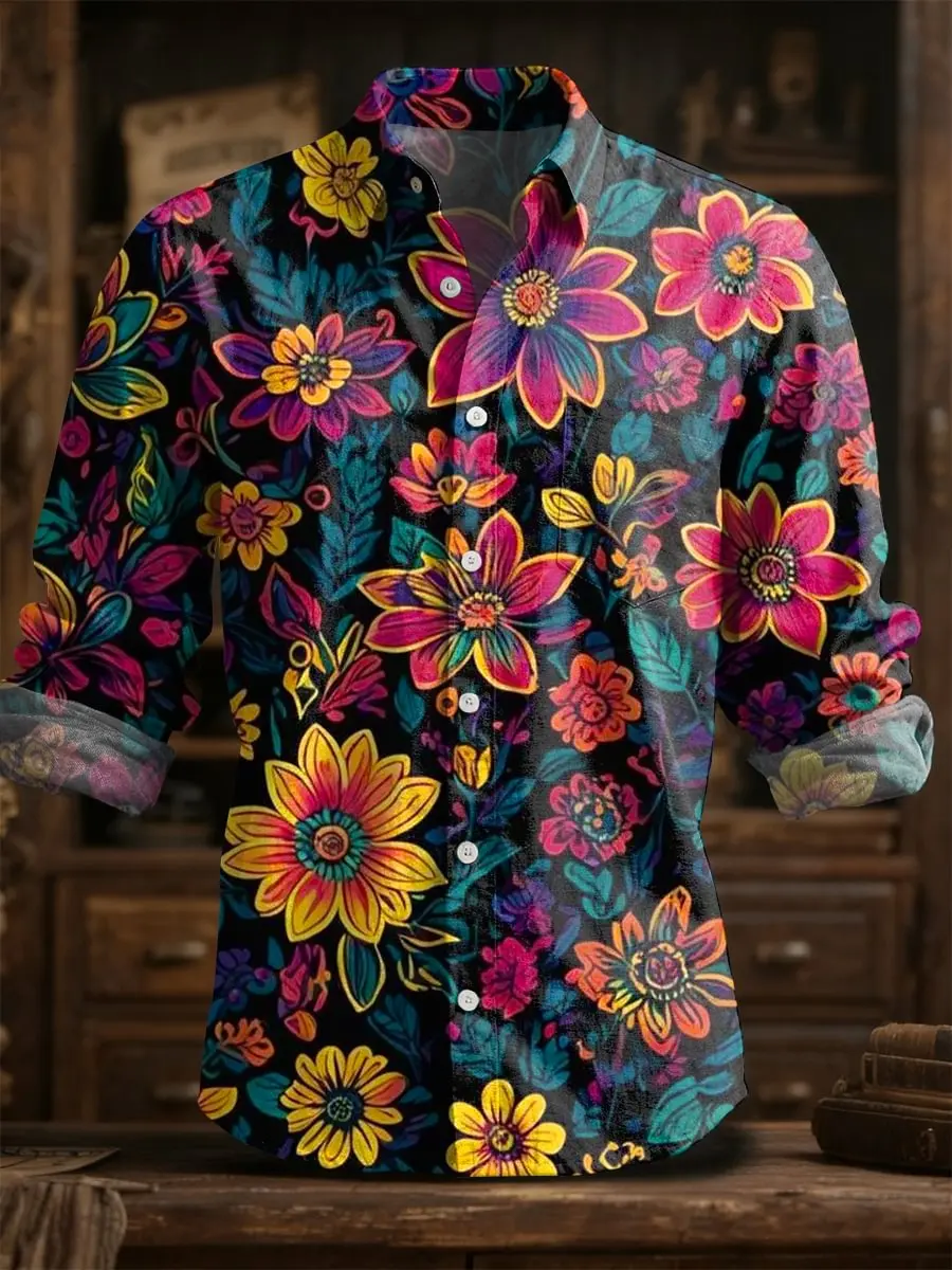 

2025 Spring/Summer Men's Fashion Casual Linen Long Sleeve Button Up Shirt Elegant Floral Printed Top
